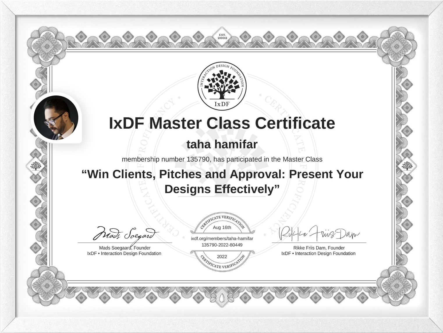 Win Clients, Pitches & Approval: Present Your Designs Effectively certificate issued by Interaction Design Foundation